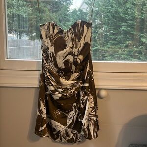 emory park strapless green and white mini dress with mock wrap/drape style SMALL